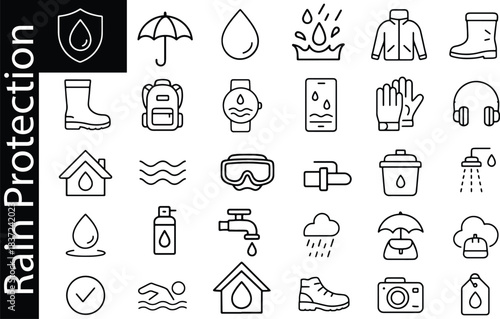 Waterproof and water-resistant line icon set with drops, rain protection, clothing and safety symbols