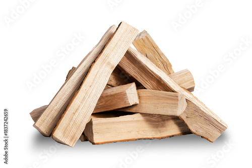 Pile of dry firewood isolated on a transparent background in close-up