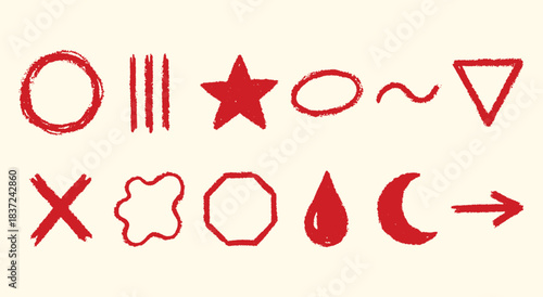Hand Drawn. Shape. Red. A vector set of various abstract shapes and symbols with a crayon or chalk texture for a creative design element, a social media post, or a background asset.