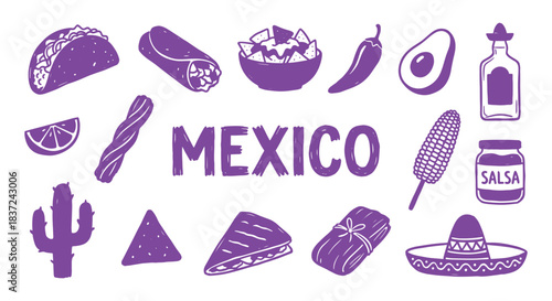 Mexico. Mexican Food. A purple vector icon set of classic Mexican food and cultural symbols for a restaurant menu, a Cinco de Mayo party, a travel poster, or a food blog graphic.