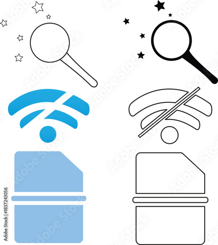 WiFi Signal Icon with Magnifying Glass - Online and Offline Status

Network Search Icon Set - WiFi Connectivity Symbols

Wireless Signal and Magnifying Glass Icons - Network Status

WiFi Connection St