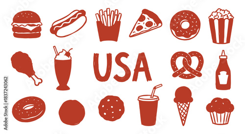 USA. American Food. A red vector icon set of classic American fast food and comfort food for a restaurant menu, a 4th of July party, a food truck, or a travel guide graphic design.