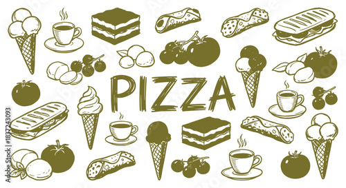 Pizza. Italian Food. A green and white vector illustration set of classic Italian food and desserts for a pizzeria menu, a restaurant's branding, or a food blog graphic design asset.