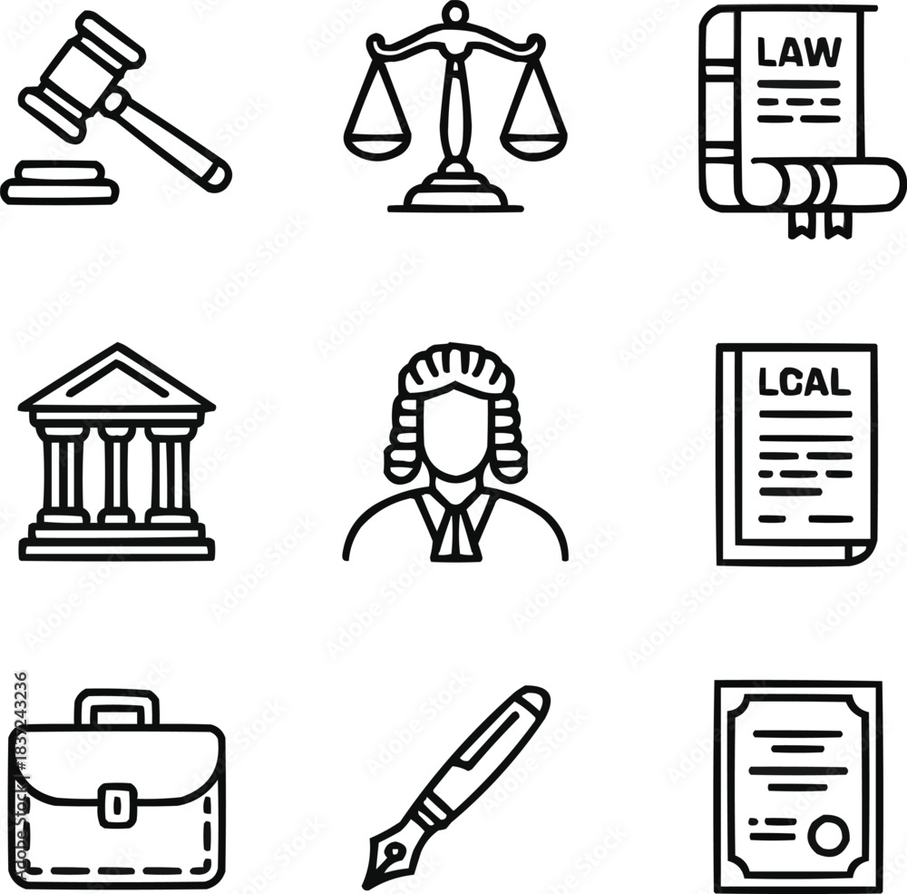 Fototapeta premium Law and Justice Outline Icon Set Gavel, Scales, and Legal Documents