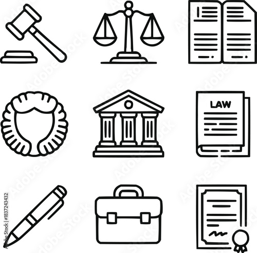 Law and Justice Outline Icon Set Gavel, Scales, and Legal Documents