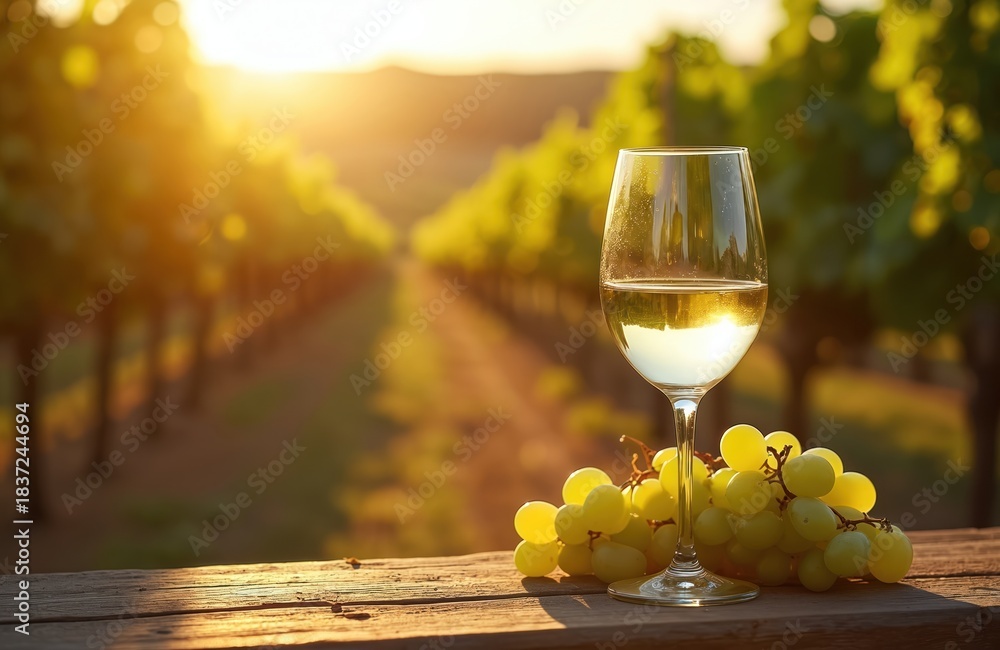 Obraz premium Sparkling clear glass of white wine, fresh green grapes rest on rustic wooden table. Long rows of grapevines stretch across beautiful sunny vineyard in background. Golden light of sunset illuminates