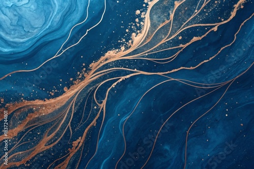  Deep blue with copper highlights ink swirl background, organic flowing lines, high detail, smooth liquid texture, elegant veins, artistic yet photoreal