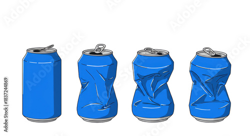 Ultra detailed vector illustration of four electric blue aluminum cans with thick black outlines, showing their lifecycle from sealed to crushed. Concept of sustainability and recycling