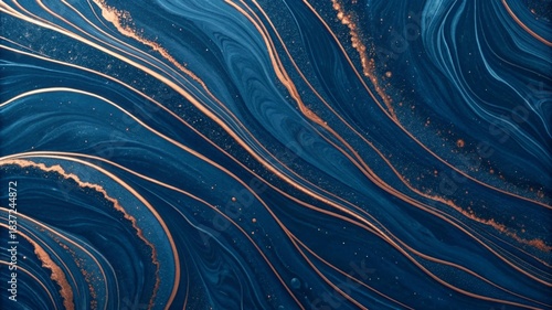  Deep blue with copper highlights ink swirl background, organic flowing lines, high detail, smooth liquid texture, elegant veins, artistic yet photoreal