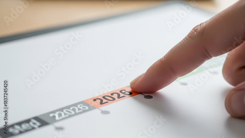 Business Planning: Focused gesture on a calendar timeline, emphasizing the year 2026, visualizing a future milestone in the upcoming year.