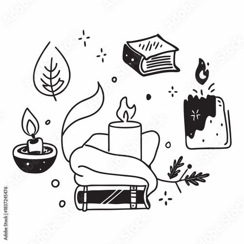 Cozy Winter Home Decor Doodle Icons – Hygge Interior Elements