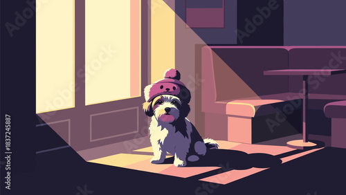 Adorable small dog wearing a cute winter hat sits patiently bathed in dramatic window sunlight indoors
