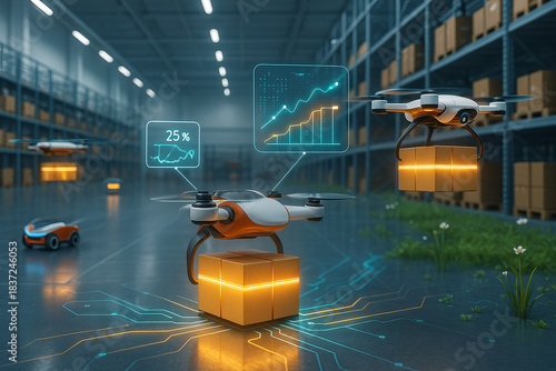 Automated drone delivering package in futuristic warehouse logistics.