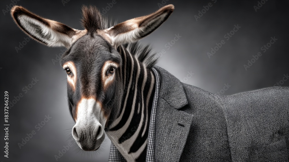Naklejka premium A uniquely dressed zebra-like animal showcases elegance in a fitted suit against a dramatic background