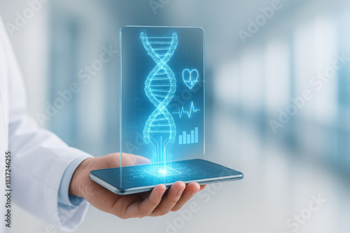 Doctor holding smartphone displaying holographic DNA and medical data.