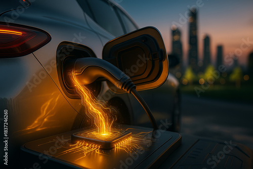 Electric car charging port with glowing energy transfer.