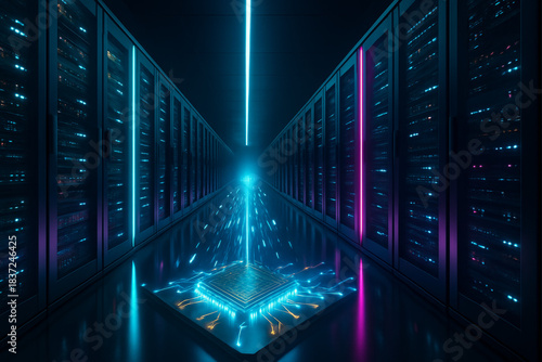 Futuristic glowing CPU chip with vibrant neon lights.