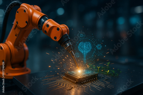 Robotic Arm Precision Assembly of Advanced Microchip Technology.