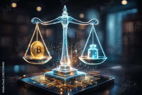Digital Scales Balancing Bitcoin and Cryptocurrency Value.