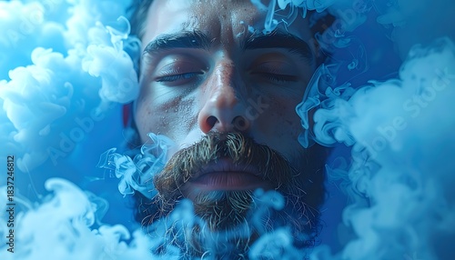 A man with freckles closes his eyes, surrounded by wisps of blue-tinged vaporous smoke