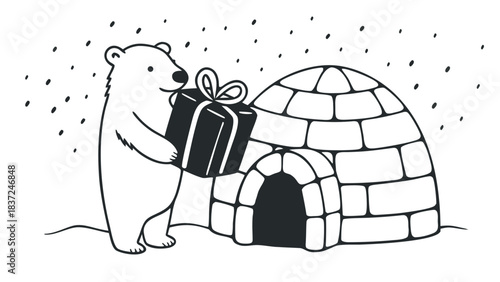 polar bear cub holding gift box with ribbon
