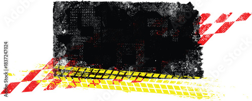 Grunge racing banner with checkered flag pattern and tire track texture , perfect for motorsport design. Racing-inspired grunge background for automotive branding design. Vector illustration.