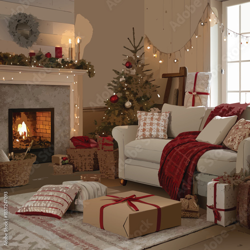 Adobe Illustrator Artwork Warm holiday living room with Christmas cushions, wrapped gifts, and soft neutral textures creating a festive and inviting atmosphere.
