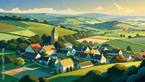 Very beautiful aerial summer view of the rural village of Morchard Bishop in Devon, showing rolling green fields, scattered homes, winding country lanes, and peaceful countryside scenery under warm 