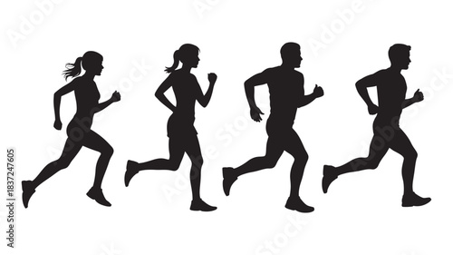 Silhouettes of diverse men and women running in unison, showcasing fitness, exercise, and healthy lifestyle concepts in motion.                                                                        
