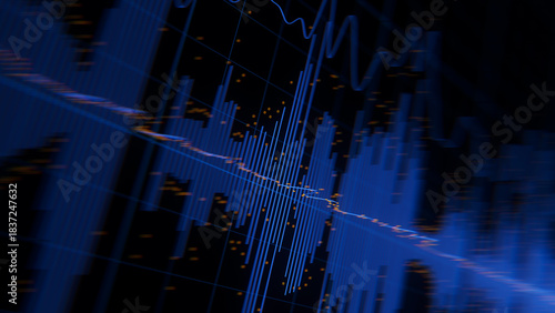 Closeup of Big Data sound complex graph background with shallow DOF. Cyber space of Audio AI technology. Futuristic graph. Digital audio information presentation.