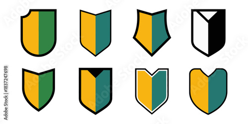 Collection of eight distinct shield emblems, divided vertically into yellow and green or black and white sections, representing various symbols and crests.