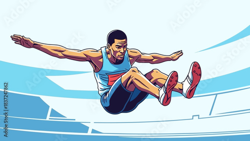 A male athlete performing a long jump in a track and field competition, captured in a dynamic illustration.