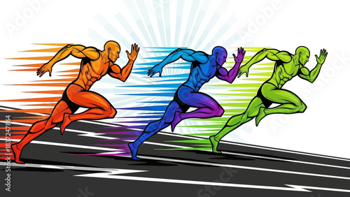 Three runners in a race, depicted with vibrant, abstract colors and motion blur effects, symbolizing speed and competition.
