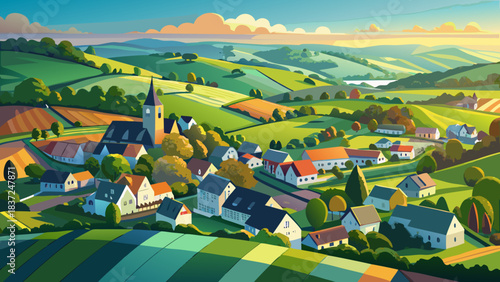 Very beautiful aerial summer view of the rural village of Morchard Bishop in Devon, showing rolling green fields, scattered homes, winding country lanes, and peaceful countryside scenery under warm su