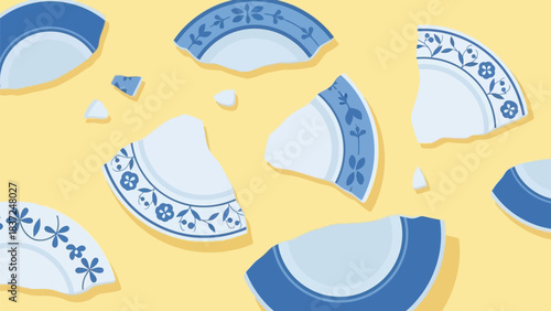 Stunning blue and white porcelain shards scattered dramatically across a vibrant sunny yellow background representing failure or mistake