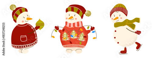 Festive cute snowman characters set. Snowmen holding glowing garland, warm drink, and skates happily. Cozy Christmas mood