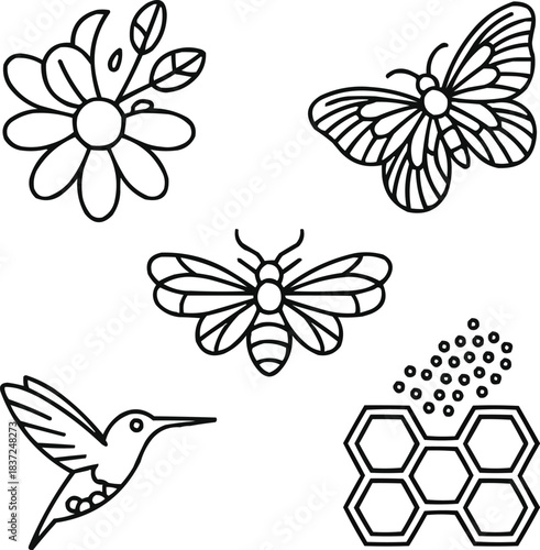 Pollinators Outline Icon Set  Bees, Butterflies, and Flowering Plants