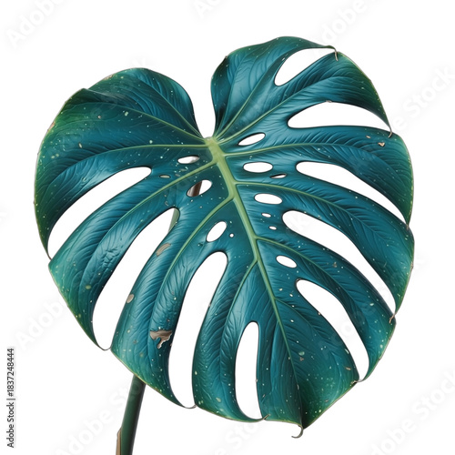 lush monstera deliciosa leaf with distinctive holes isolated on white background