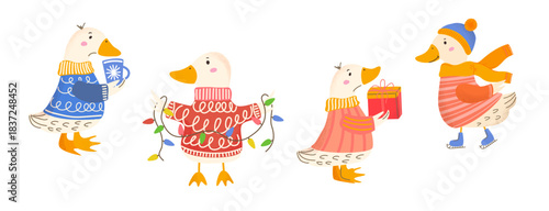Cute winter set of ducks. Duck is holding lighted garland, cup, giving gift, and skating. Cozy Christmas mood. Winter holiday clip art for cards and invitations. Vector illustration