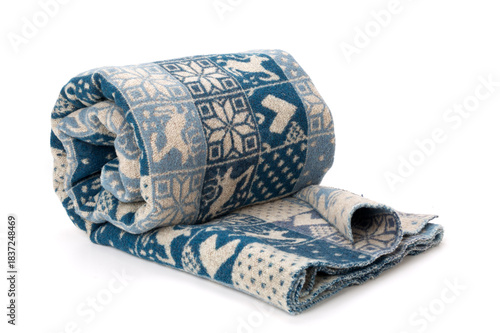 Wool blanket with winter and christmas motifs isolated on white background