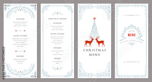 Elegant Christmas templates 4x9. Winter Holiday cards with decorative Christmas Tree, reindeers, ornate frames with copy space and greetings. Hand drawn. 