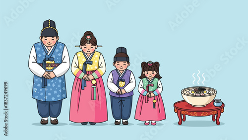 Charming Korean family wearing traditional Hanbok bows respectfully beside steaming Tteokguk for Lunar New Year celebration