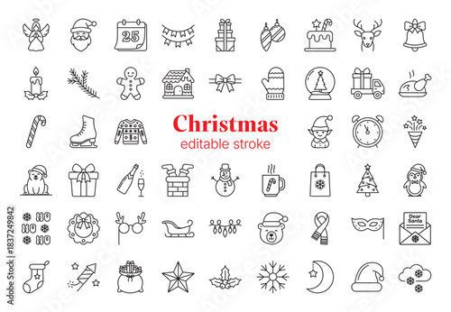 Christmas line icons set of 51 with editable stroke. Minimalistic vector illustration: Santa Claus, angel, Christmas baubles, calendar, deer, elf, bell, Christmas tree, garlands, bow, sleigh etc.