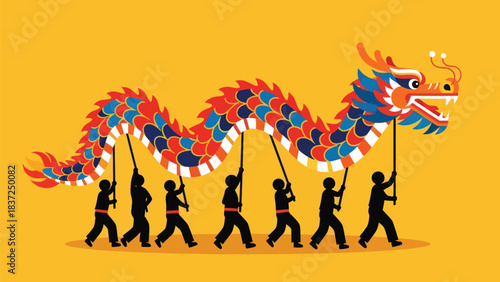 Vibrant team executes dynamic traditional Chinese dragon dance performance across bright yellow background celebrating culture