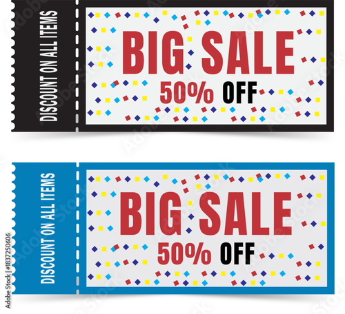 Two big sale 50 percent off discount coupon ticket design