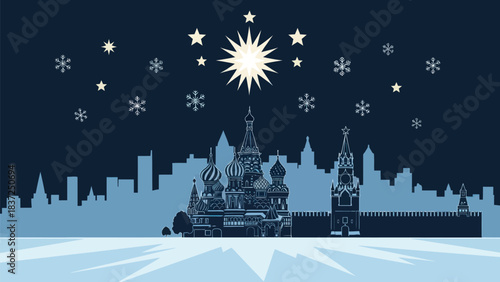 Stunning winter night skyline featuring Saint Basil's Cathedral and twinkling stars over snowy Moscow landscape