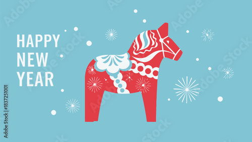 Vibrant Dala Horse illustration wishing happy new year against a festive light blue winter background