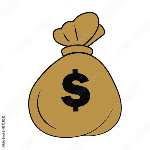 A brown money bag with a black dollar sign ($) tied shut. Financial savings, wealth, profit, and business investment cartoon icon on white background. Easy to edit vector