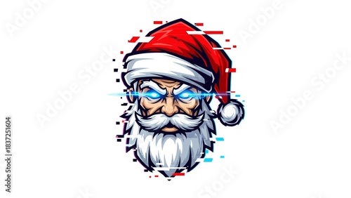 A cartoon head mascot of Santa Claus wearing sunglasses with a glitchy, pixelated effect on a white background.