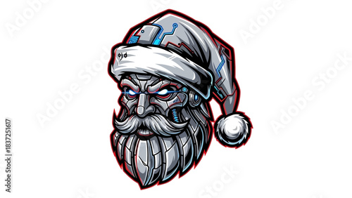A menacing cartoon head mascot wearing a Santa hat with a red outline on a white background.